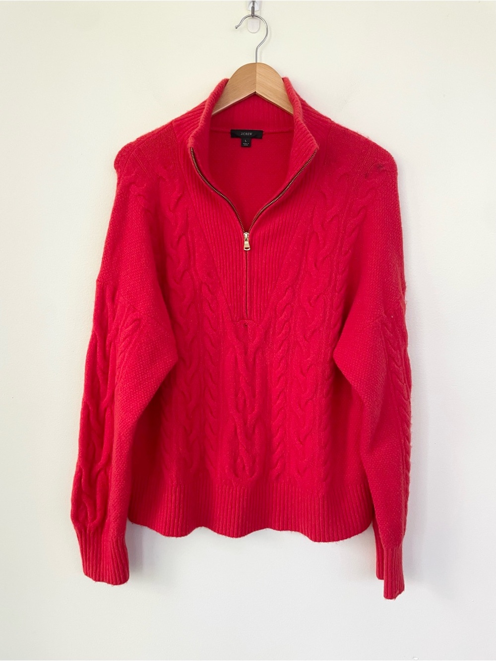 J Crew Cable-knit Half-zip Sweater in Supersoft Yarn L Large Red WoolAlpaca FLAW